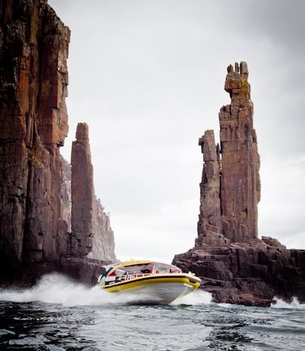 Exploring Tasmania's rugged coastline at high speed with Tasman Island Cruises.