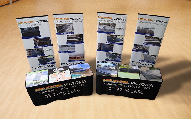 Heliocol Victoria: Fully Branded Promotional Tables and Pull-Up Banners, designed and manufactured by Tables By Design.