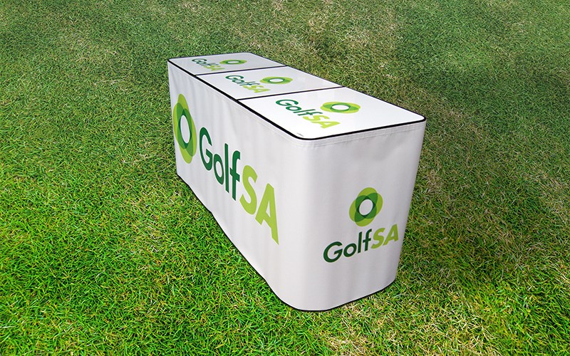 Golf South Australia: Branded 3-Panel Table and Vinyl Valance, designed and manufactured by Tables By Design.