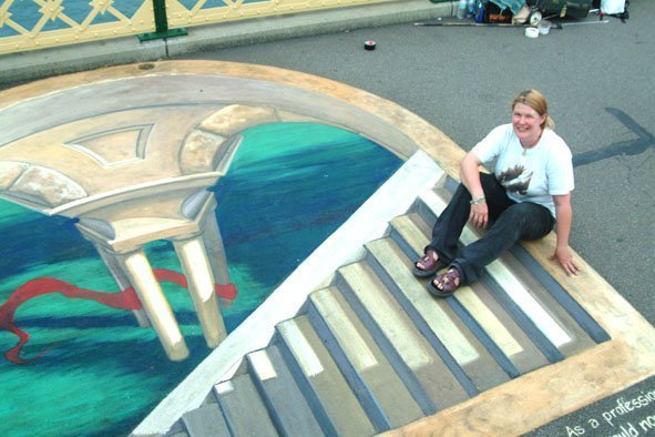 3D Illusions for conferences and public promotions. 

The artwork can be produced directly on the ground, on canvas, or other surfaces.  People enjoy seeing the artwork come to life, posing for photos in them and then sharing their images online.