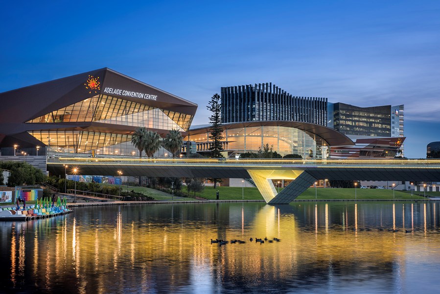 Adelaide Convention Centre from the banks of the River Torrens.