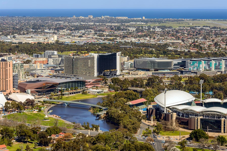 Aerial view of Adelaide Convention Centre and the greater Adelaide Riverbank Precinct.