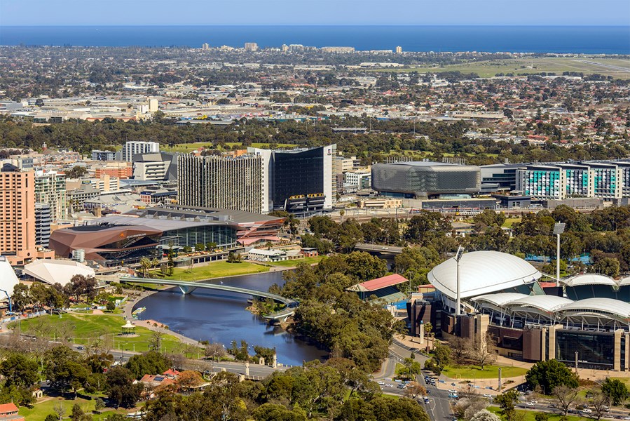 Aerial view of Adelaide Convention Centre and the greater Adelaide Riverbank Precinct.
